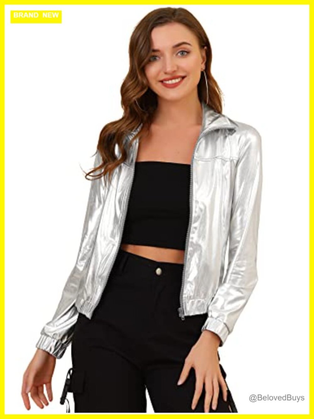 Metallic Holographic Shiny Track Jacket Zip Front Slim Fit Long Sleeve